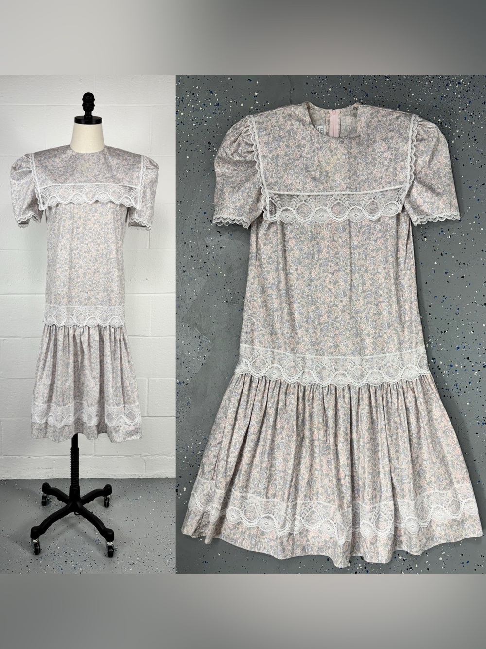 Vintage 80s Gunne Sax Girls Pastel Floral Lace Dress Drop Waist Bib Collar M 12